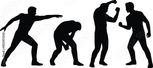 Male fighter silhouettes in aggressive combat and defensive poses isolated on white background, dynamic action figures for boxing, martial arts and self defense