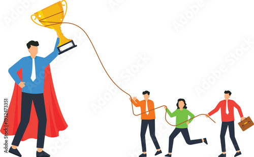 Superhero businessman holding trophy team effort business success leadership concept corporate achievement winning reward motivation strategy pulling rope teamwork challenge career goal flat design