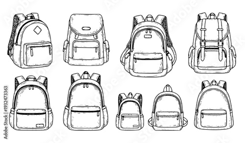 Hand drawn backpacks black and white vector illustration set