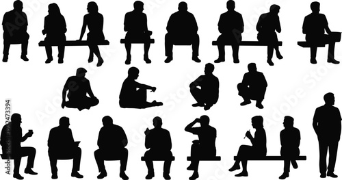 Large collection of people silhouettes sitting on benches and floor in various poses isolated on white background, everyday lifestyle illustration set