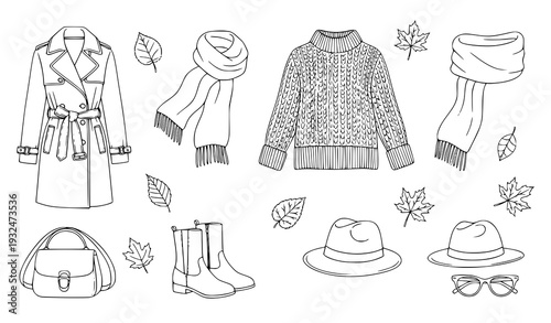 Autumn fashion outline icons hand drawn clothing vector