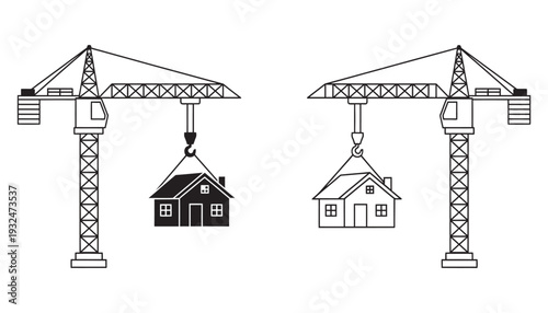 Two construction cranes lifting houses, one solid black and one outline