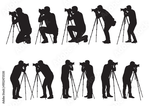 Set of ten photographer silhouettes with cameras on tripods in various poses