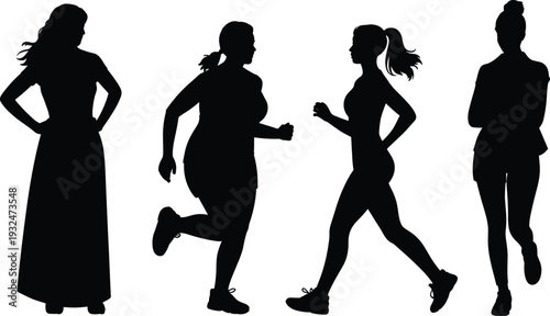 Set of female silhouettes in different poses including standing and running isolated on white background, lifestyle and fitness concept illustration