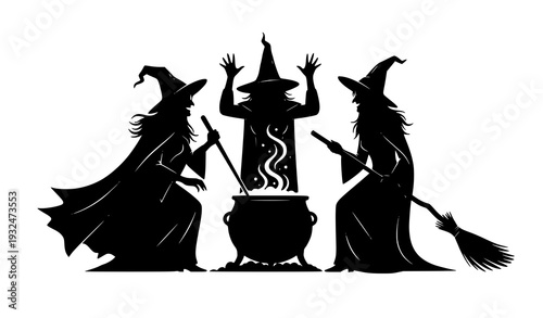Three witches spellcasting silhouette Halloween vector art