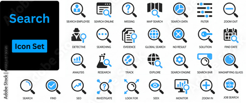 Search solid icon set contains magnifying glass, find, research, SEO and investigate icons. Solid icons set. 