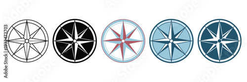 Compass icon set multiple style collection featuring line, solid, and colored designs, navigation symbols, travel direction concepts, exploration elements