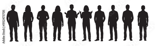 Diverse group of ten adult men and women standing together in silhouette