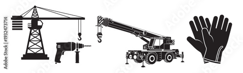 Industrial construction equipment and tools collection, heavy machinery and protective gear