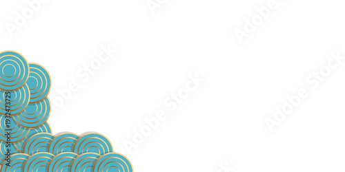 Abstract background with teal and gold concentric circles in the bottom left corner.