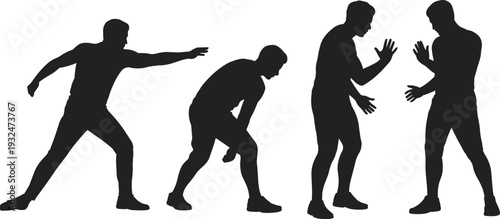 Set of male silhouettes in fighting and defensive poses isolated on white background, dynamic action figures for sport, self defense and combat concept design