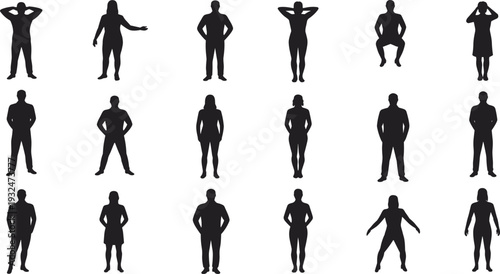 Set of male and female silhouettes standing in various neutral poses isolated on white background, body language reference illustration collection