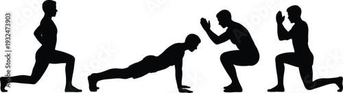 Set of male silhouettes performing fitness exercises including lunge, push up and squat isolated on white background, workout training illustration
