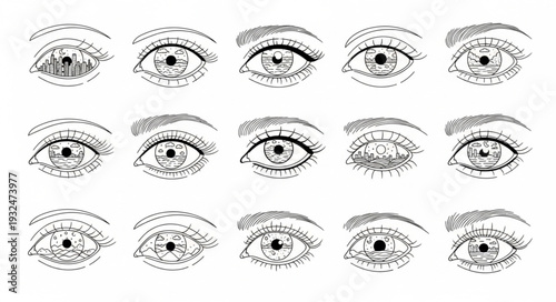 Artistic collection of detailed eye illustrations showcasing various expressions and perspectives.