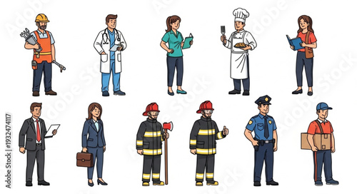 Diverse group of professionals showcasing various occupations and careers in a line.