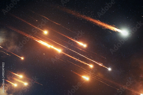 Military missile launch during a Middle East conflict at night. Ballistic rocket soaring into the dark sky with intense fire trail above a desert landscape. Concept of modern warfare and defense.