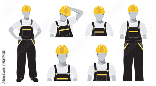 Set of construction worker avatars wearing yellow hard hats and overalls