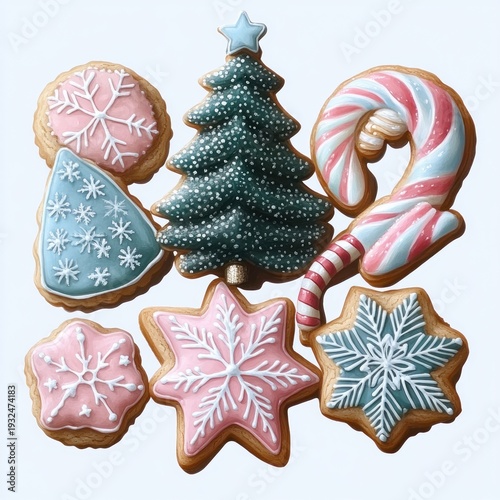 festive assortment of iced holiday cookies: decorated christmas tree, striped candy cane, and snowflake star shapes in pastel pink, blue and white with a whimsical cheerful mood