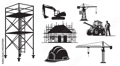 Construction site elements silhouette vector set scaffolding excavator crane building