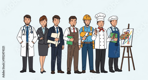 Diverse group of professionals showcasing various occupations and careers in a line.