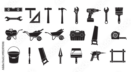 Professional hardware tools and construction equipment collection for carpentry tasks