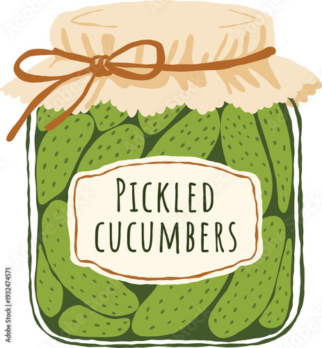 A hand-drawn illustration of a glass jar filled with pickled cucumbers, wrapped with a fabric lid and string, featuring a rustic label for kitchen decor, food packaging recipe books, stickers