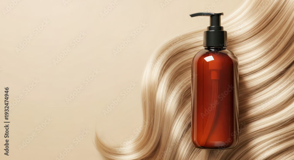 Naklejka premium Brown glass bottle with pump on wavy blonde hair against a soft beige background, ideal for hair care product presentations