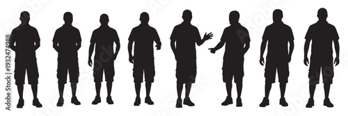 Set of eight isolated vector silhouettes of men dressed in shorts and t-shirts