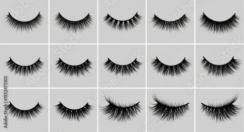 Collection of various false eyelashes displayed on a gray background for beauty.