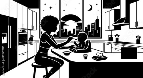 mother feeding her baby in a high-rise city kitchen at night, with a silhouette of a metropolitan skyline visible through the window.