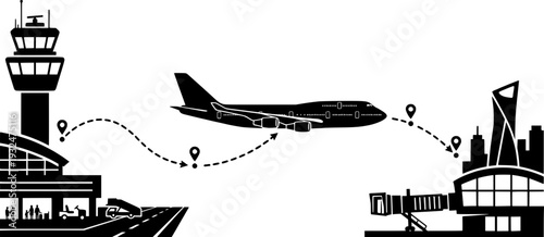 n airplane flight path between two airports, featuring a control tower, terminal, and GPS location pins to represent global travel.