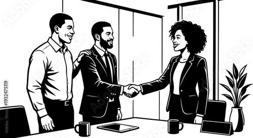 diverse professional team closing a deal with a handshake in a modern office setting, representing partnership, trust, and corporate success.