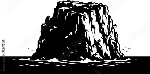 solitary rocky island in the middle of the ocean, featuring steep cliffs and birds flying nearby under a clear sky.