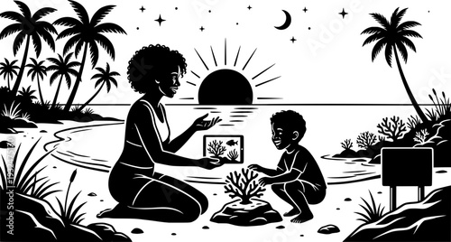 Black and white illustration of a woman and child using a tablet to learn about coral restoration on a tropical beach at sunset, surrounded by palm trees and marine life.