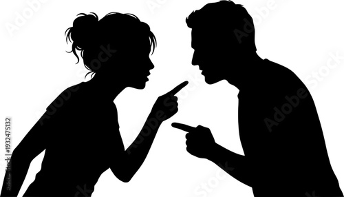 man and a woman in a heated argument, pointing fingers at each other against a white background, representing conflict, anger, and relationship problems.