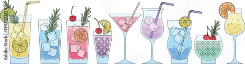 Vibrant Summer Cocktail and Mocktail Illustration Set Featuring Colorful Specialized Glassware and Gourmet Citrus Garnishes