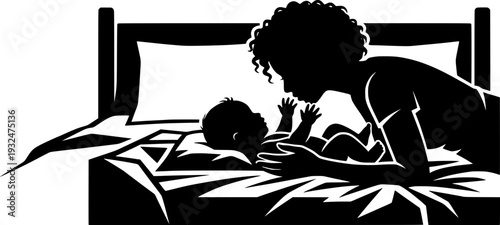 mother leaning over a bed to look lovingly at her newborn baby, creating a tender moment of connection and care at home.