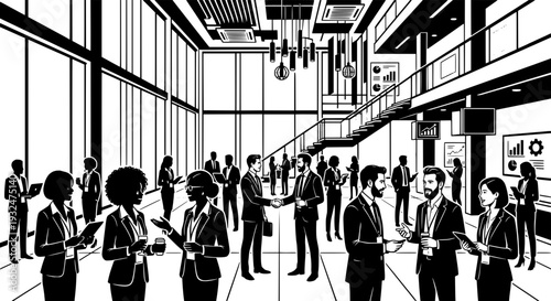 Black and white illustration of business professionals networking and talking in a modern, high-ceiling office lobby or corporate hall with a staircase and large windows.