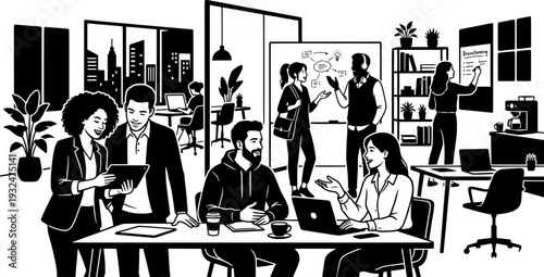 Black and white illustration of business professionals networking in a large, modern corporate atrium with glass walls, featuring handshakes and group discussions.