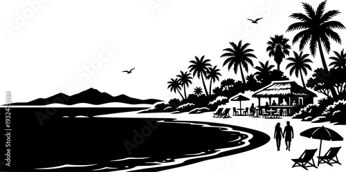 tropical beach resort at night with a couple walking by the shore, palm trees, a beach bar, and mountains in the background.