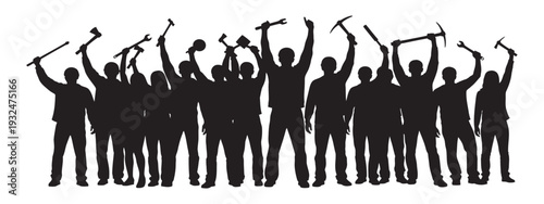Workers strike with tools protest raised hands crowd silhouettes union revolution activism