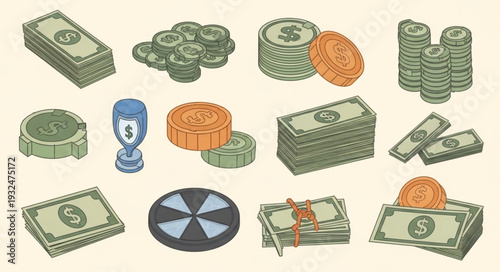 Various stacks of money and coins representing wealth and financial transactions.