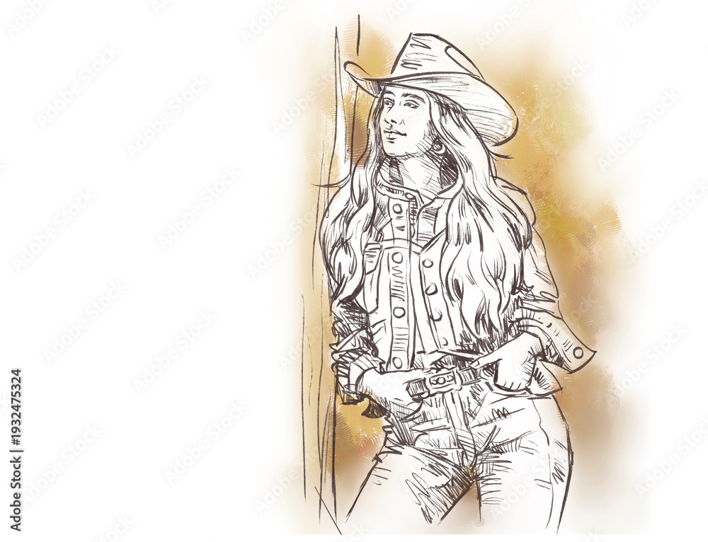 Fototapeta premium cowgirl in jeans posing digital art for card decoration illustration