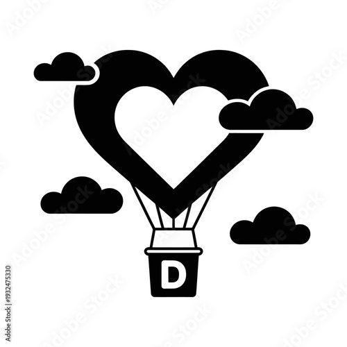 Heart-shaped hot air balloon with clouds and initial D, symbolizing love and romantic travel, isolated on white background.