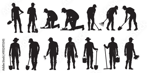 Gardeners silhouettes planting and digging with various landscaping tools vector set