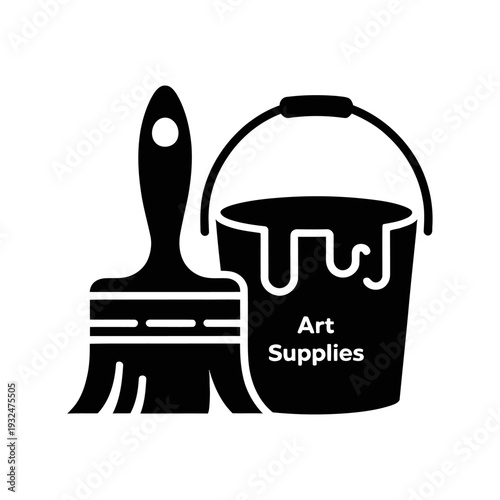 Paintbrush and paint bucket icon for art supplies isolated on white background