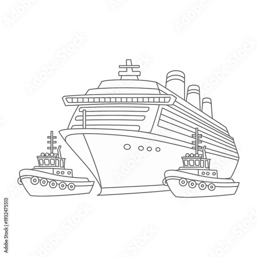 Outline illustration of a luxury cruise ship with two tugboats isolated on white background