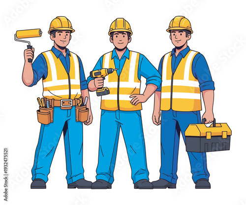Three construction workers cartoon vector set illustration isolated on white background