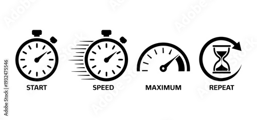 Time and speed performance icon including start maximum and repeat isolated on white background
