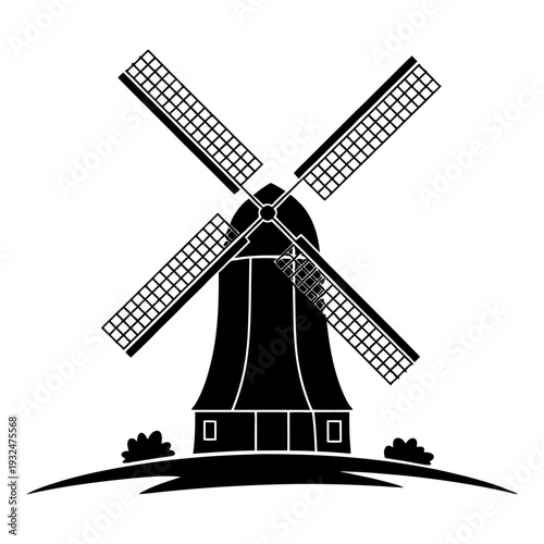 Black silhouette of a traditional dutch windmill isolated on white background